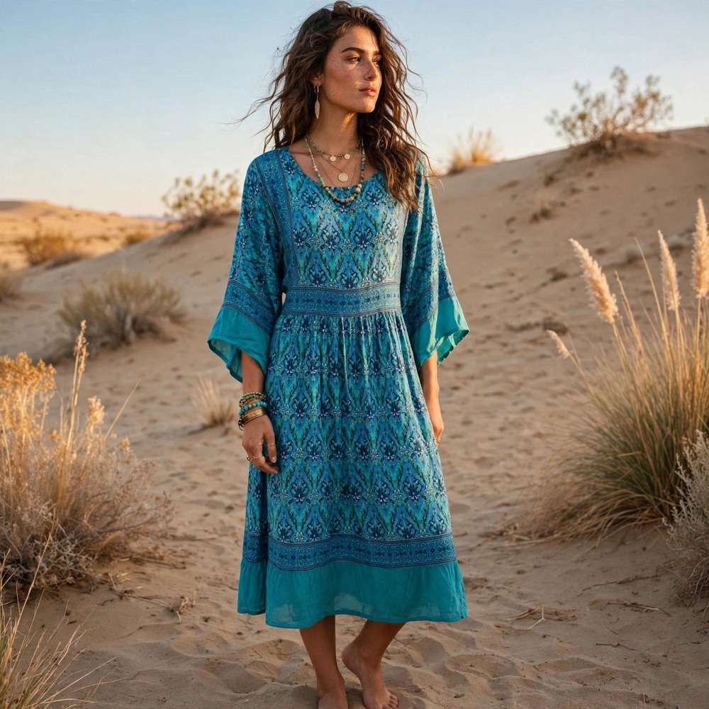 R. Vivimos Teal Blue Paisley Dress Women's Large Kimono Sleeve Bohemian